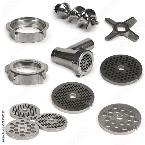 Tableau sur toile Set of nine Metal Components for Electric Meat Grinder Isolated on White