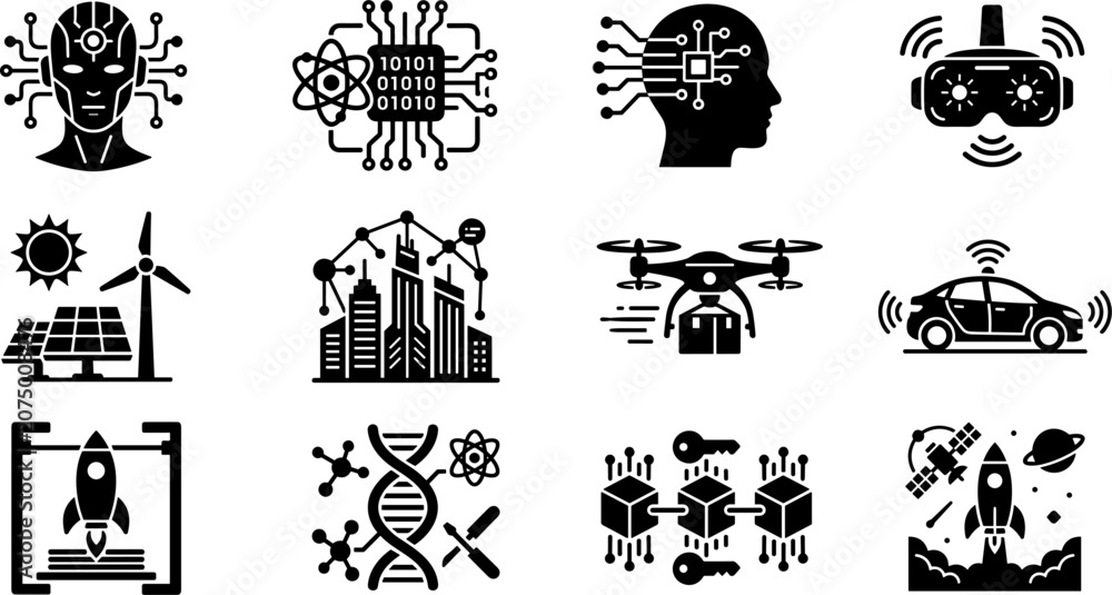 Obraz premium Future Technology Icon Set 12 Black Vector AI Innovation Science