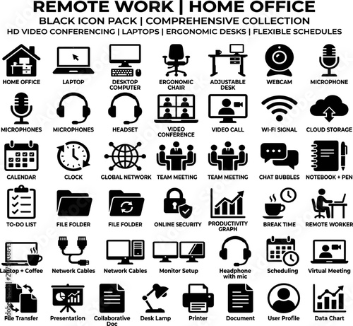 Remote work home office black icon pack comprehensive collection 35 HD video conferencing
