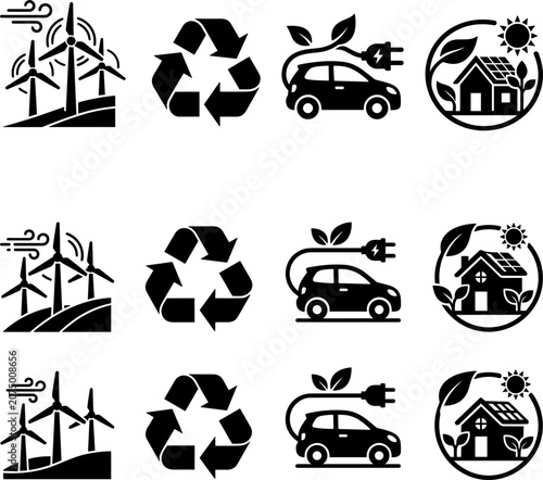 Sustainability Eco Icon Set 4 Repeat Black Vector Renewable Green