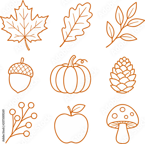 Autumn Leaves and Fruits Icons Set.