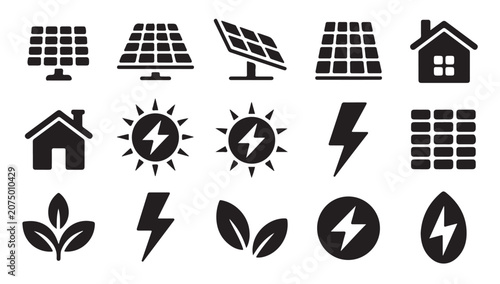 Quadro su tela Set of solid vector icons representing solar energy and environmental sustainability
