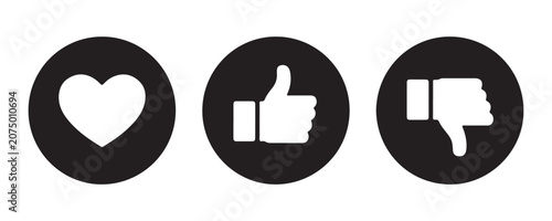 Quadro su tela Black heart like and dislike icon set in round frames for interface navigation and social interaction