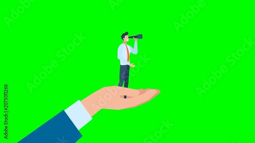 Man standing on giant's hand using telescope. Hand holding a business man using telescope. Man standing on giant palm and looking through binoculars. Side view. 2d flat animation. Alpha channel