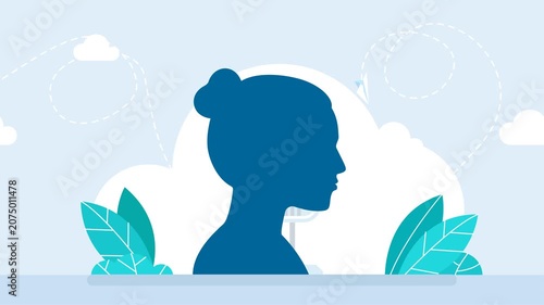 Silhouette of woman singer singing to microphone. Customer service agent. Female support operator silhouette. Girl silhouette with microphone. Broadcast, broadcasting. Side view. 2d flat animation