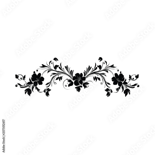 Floral decorative element showcases a central bloom flanked by symmetrical black silhouettes of intricate vines and leaves to create a sophisticated flourish for luxury branding or stationery.