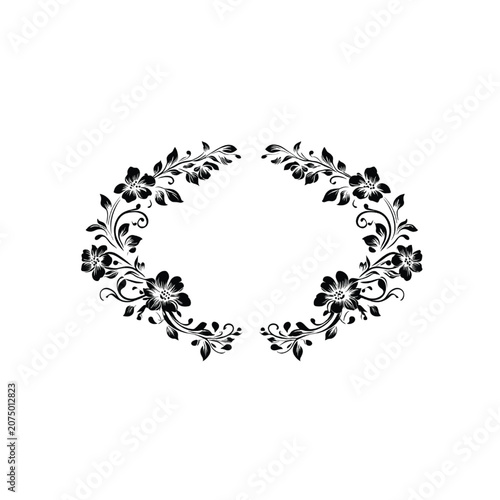 Floral wreath design displays a circular frame composed of intricate black petals and vine patterns that serves as a sophisticated border for announcements and personalized greeting card layouts.