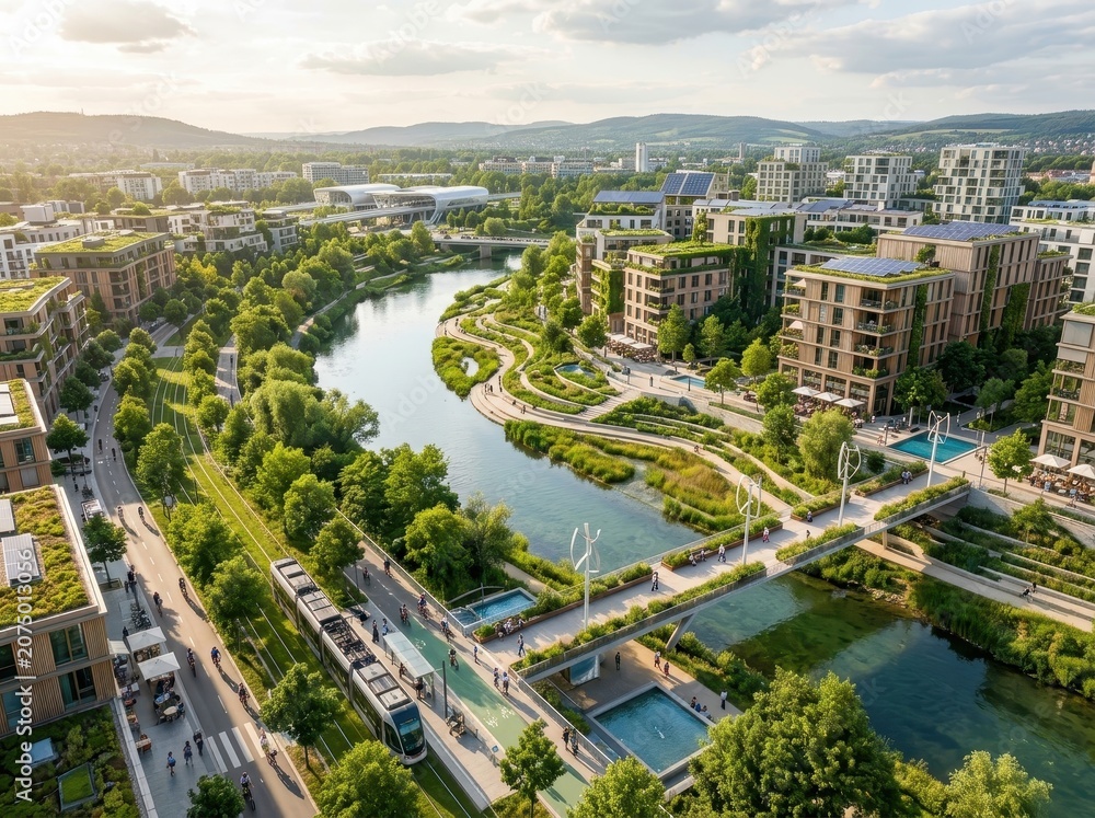 Fototapeta premium Sustainable ecofriendly urban cityscape with river and green architecture