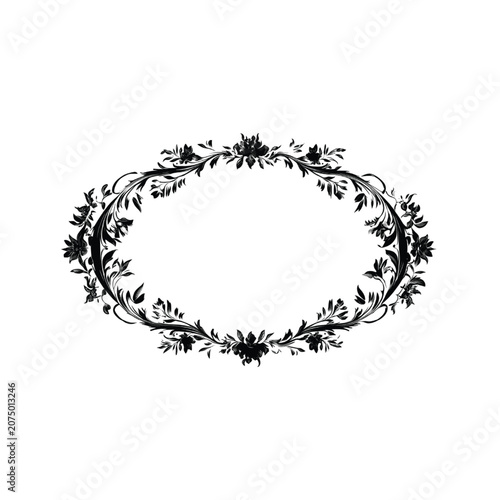 Oval floral border presents a sophisticated arrangement of intricate leaf patterns and small blossoms circling an empty central space intended for elegant typography or professional branding.