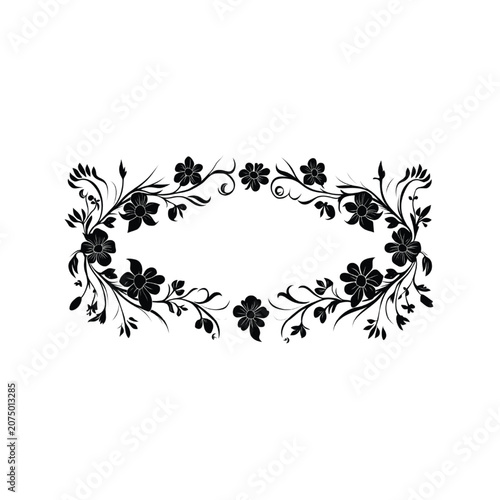 Floral oval frame displays a detailed pattern of interconnected blooming flowers and organic vines surrounding a central open area perfect for personalized text or artistic graphic compositions.