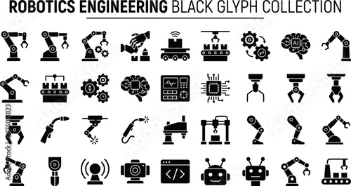 Robotics engineering black glyph collection 32 icon set industrial automation AI
