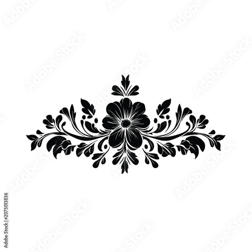 Flower centerpiece showcases a central blossom flanked by mirrored leafy vines and small buds forming a refined decorative motif perfect for professional branding and elegant print media projects.