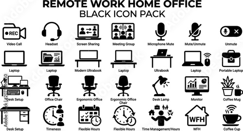 Remote work home office black icon pack 28 video call laptop WFH