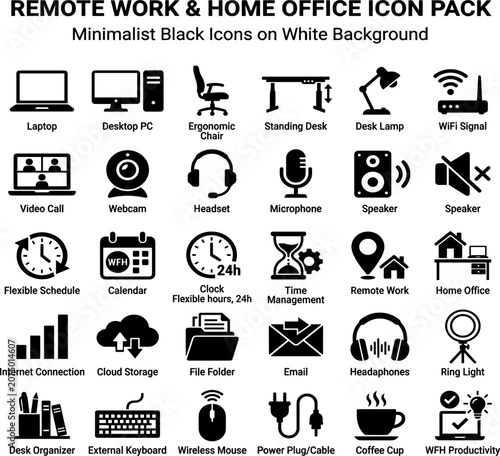 Remote work & home office icon pack 30 minimalist black icons on white background