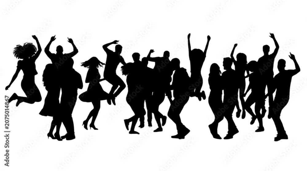 Obraz premium Group of people dancing and raising hands in celebration isolated on transparent background, Vector