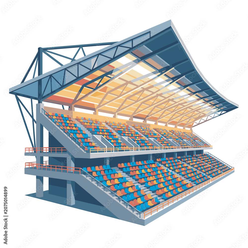 Fototapeta premium Modern Stadium Bleachers with Multicolored Seating Rows and Architectural Roof Structure for Sporting Events and Outdoor Public Venues