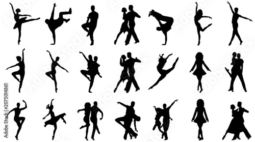 Silhouette figures dancing in energetic poses with dynamic movement isolated on transparent background, Vector