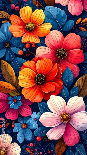A vibrant close-up featuring vividly colored flowers orange, pink, white, and blue, amongst lush foliage of various leaf tones