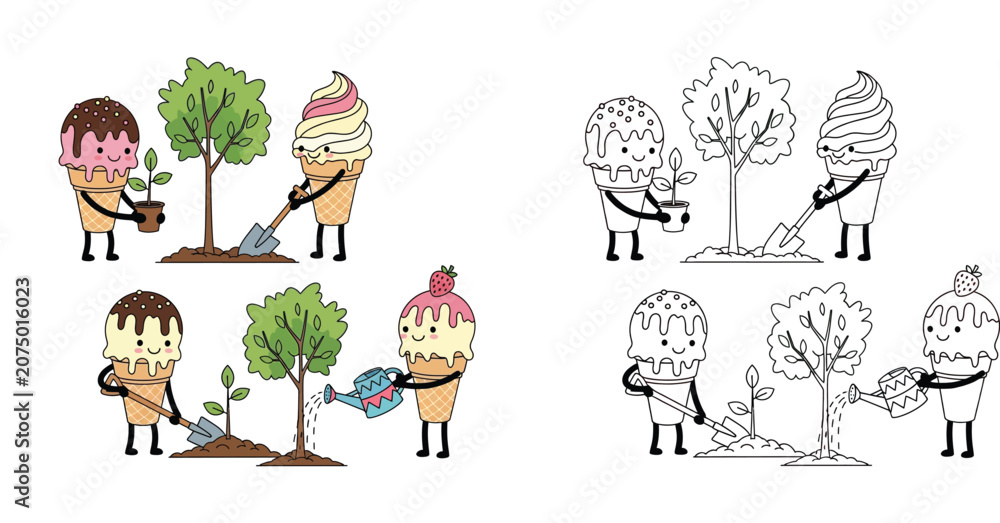 Obraz premium Cute Ice Cream Characters Planting and Watering a Tree - Environmental Cartoon Illustration Set