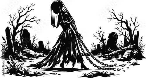 Obraz na płótnie Silhouette of a ghostly figure with chains amidst a graveyard scene black and wh