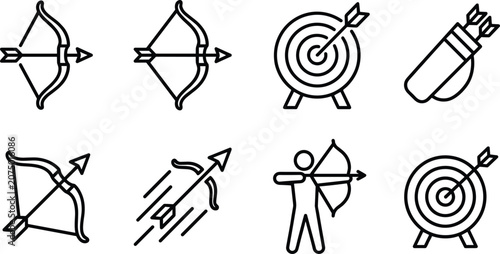 Bild auf Leinwand Archery Bow and Target Icon Set for Sports Competition Websites, Hunting Apps, a