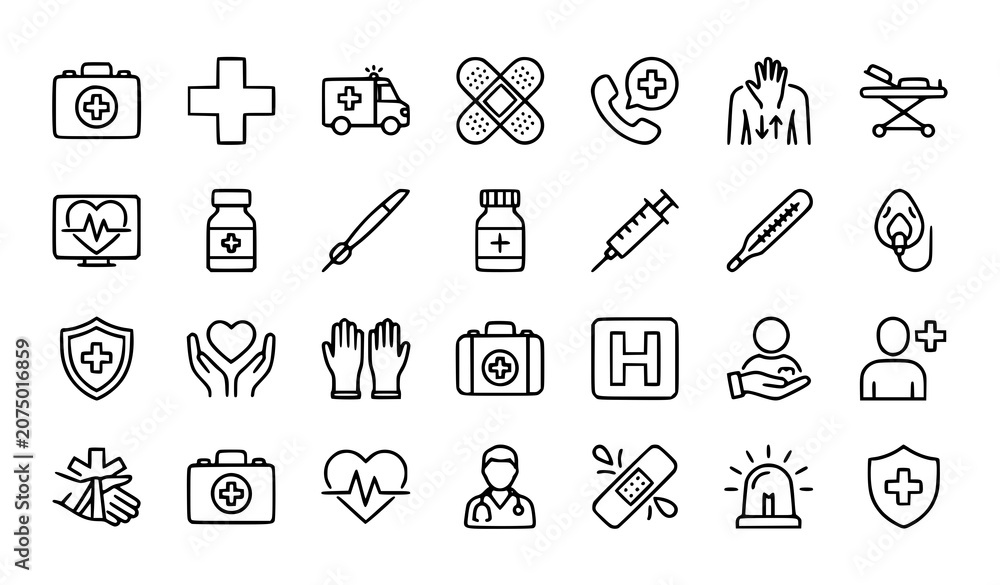 Naklejka premium First Aid Line Icon Set with Medical Emergency Healthcare Symbols Editable Stroke Vector Illustration