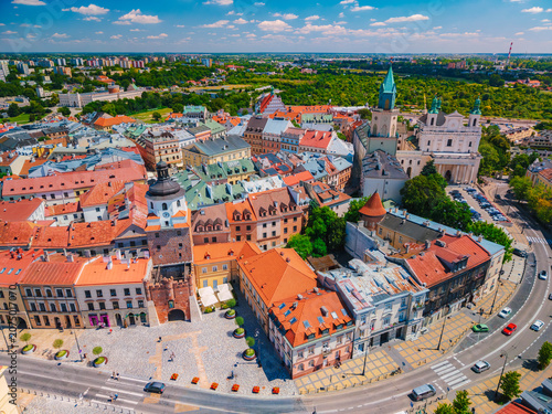 Aerial of Lublin old town with Kraków Gate,  Poland