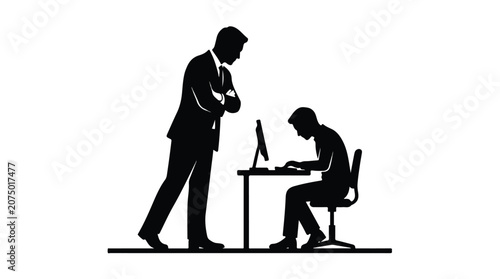 Strict boss silhouette watching employee at desk, toxic workplace environment vector, manager micromanaging office worker, corporate pressure concept