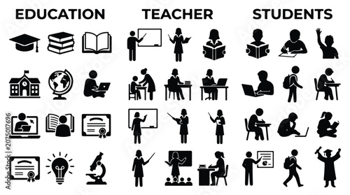 Education icon set with teacher and students, black school pictograms and academic symbols, 36 vector elements for learning and university design