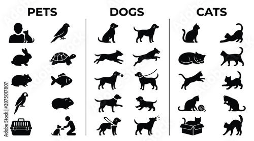 Minimalist pet icon set with dogs and cats, black silhouette animal symbols for veterinary clinics, domestic pet shop graphics and animal care vectors