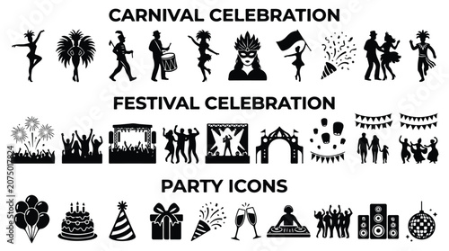 Carnival celebration and festival celebration icons, party icons set with dancers and musicians, black silhouette vector elements for event design