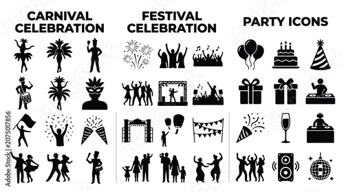 Carnival celebration and festival celebration silhouettes, party icons set, black vector symbols for event planning and birthday entertainment