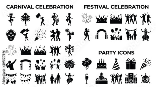Carnival celebration and festival celebration icons, party icons set of 40 black silhouettes, festive event symbols for holiday planning and nightlife