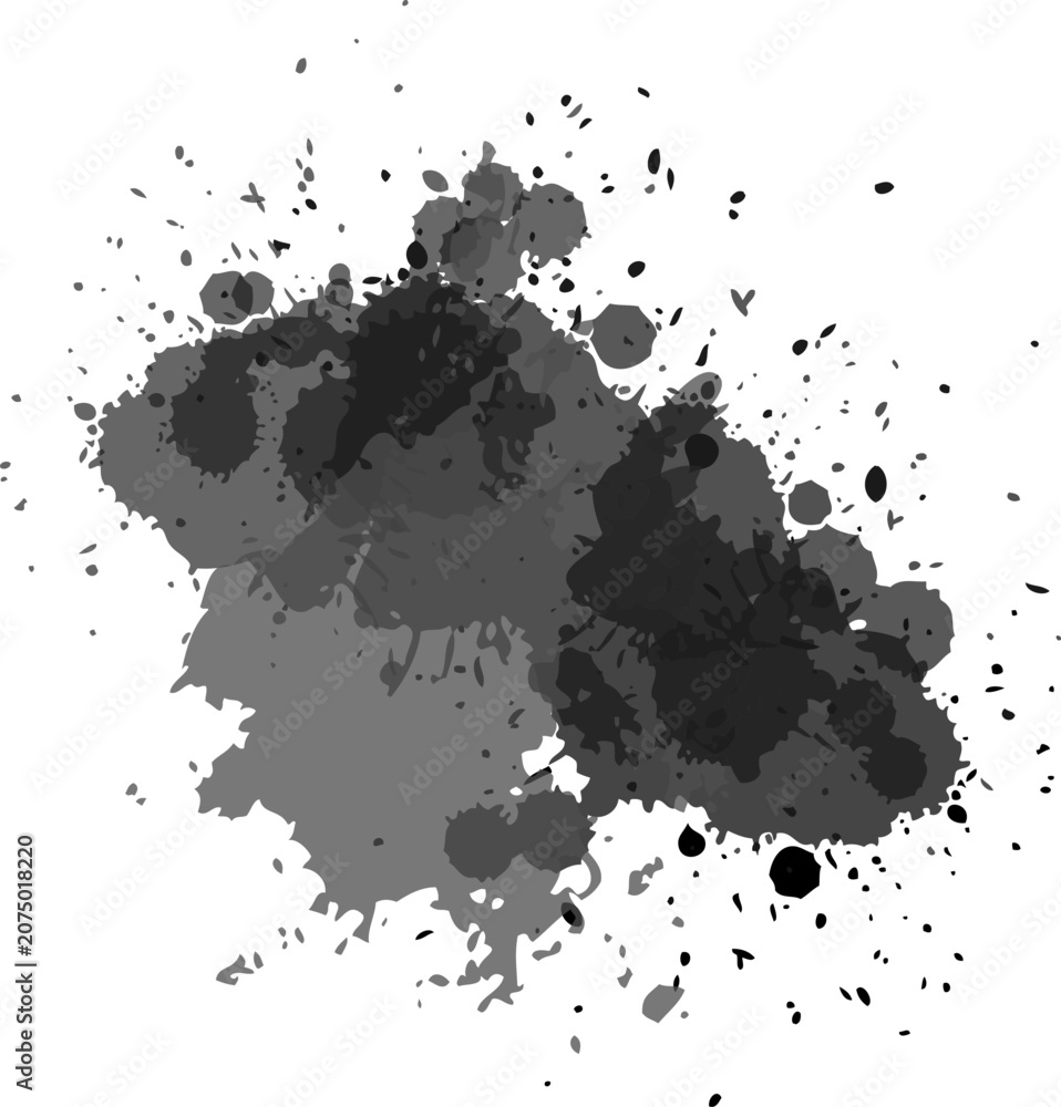 Obraz premium Abstract black and grey paint splatters and ink blobs composition isolated on white background for creative professional graphic design 