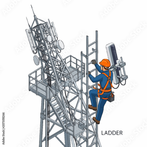 Man climbing a cell tower ladder.