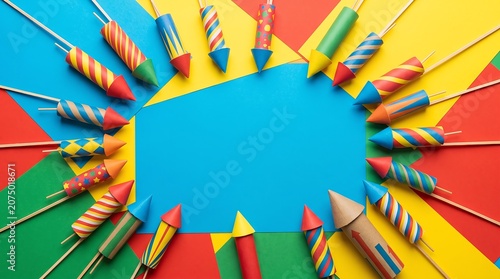 A creative and dynamic flat-lay composition featuring traditional wooden-fused rocket fireworks arranged to form a circle or circular frame. Each rocket features a decorative paper tube with various p