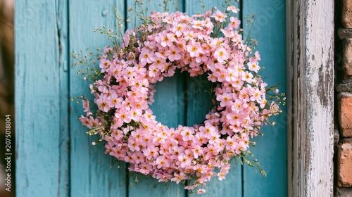 beautiful wreath made of small pink flowers hanging on an aged rustic blue wooden door