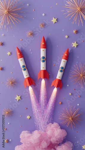 This image features a creative conceptual illustration of three rockets launching upwards simultaneously, set against a pastel pink aesthetic. The rockets emit bright flames and thick smoke trails—tex