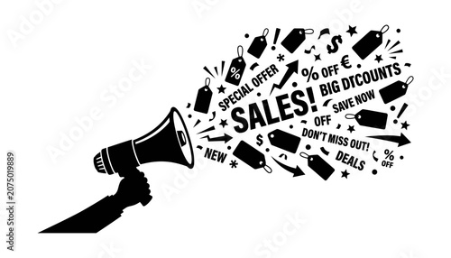 Bild auf Leinwand Megaphone sales announcement illustration with big discounts and special offers