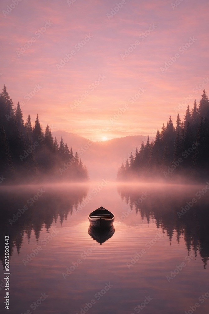 Fototapeta premium Serene boat amidst misty sunrise.