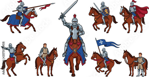 Tableau sur toile Medieval Knight and Cavalry Vector Character Set Featuring Warriors Riding Horse