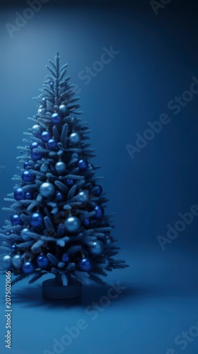 Elegant Christmas tree adorned with shiny blue and silver baubles standing in a monochromatic festive blue setting