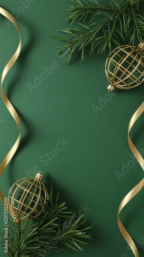 Gold ornaments and pine branches on green background with ribbons