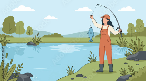 Εκτύπωση καμβά Woman fishing by a lake, proudly showing her caught fish in nature