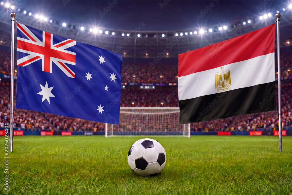 Fototapeta premium Australia vs Egypt, national flags before international football tournament Round of 32 match, football on green grass with goal in the background, Arlington, Texas, USA, July 3, 2026