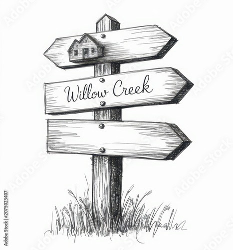 Wooden signpost with three arrows and a house labeled willow creek direction