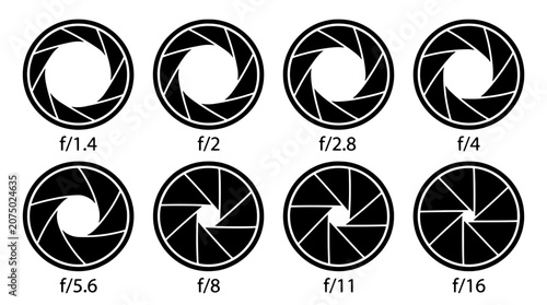Camera lens aperture f-stop scale showing different iris diaphragm settings from wide open to closed