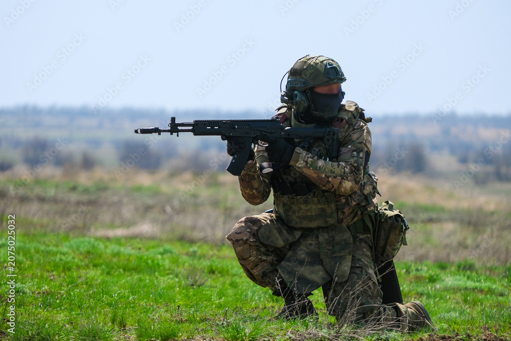Fototapeta premium Modern Russian soldiers during training at the training ground