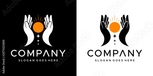 logo hand holding sun light star icon vector