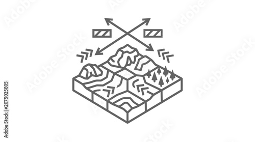 Isometric terrain analysis and strategic movement line icon.
